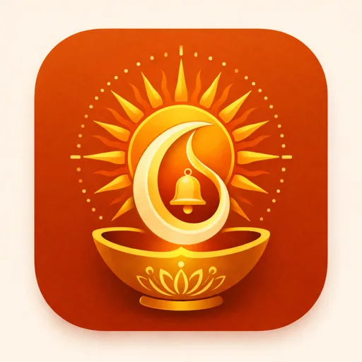 Sun, crescent moon, bell and diya — the Akshara Tithi app mark.